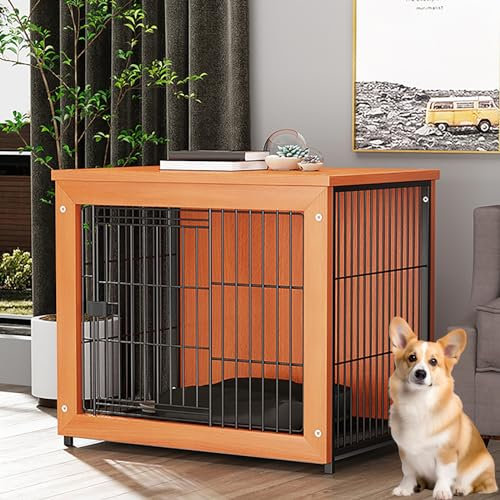 Indoor Furniture Style Dog Crate House TV Stand Modern Decorative Dog Crate Wooden Dog Cage End Table Perfect with removable multi-purpose compartment for small medium dog. (Colour: walnut,