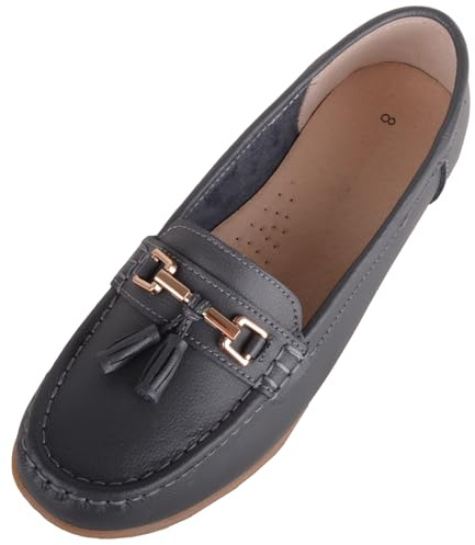 ABSOLUTE FOOTWEAR Womens Slip On Casual Leather Loafer Deck Boat Shoes Sandals - Slate - UK 7