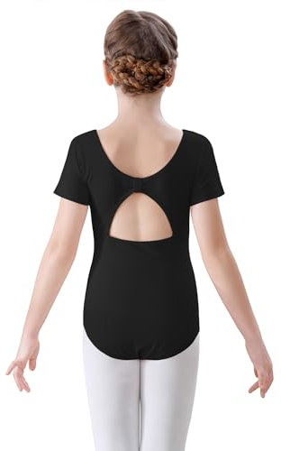 FONLAM Ballettkleidung Turnanzug Mädchen Kurzarm Ballett Trikot Gymnastikanzug Tanzbody Baumwolle Kinder (6-7 Jahre, Schwarz)