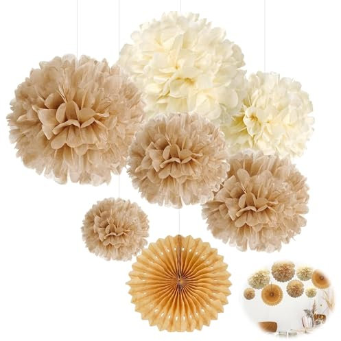 7 Stück Pompoms Lampion Dekoration,Boho Deko,Hochzeitsdeko Vintage,Papier Fächer Pom Poms Set zum Geburtstag Bachelorette Hochzeit Baby Braut Party Dekoration
