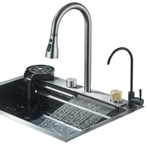 TVTIUO Multifunctional Kitchen Sink with Cup Washer and Pure Water, Stainless Steel (60x45 cm) Grey