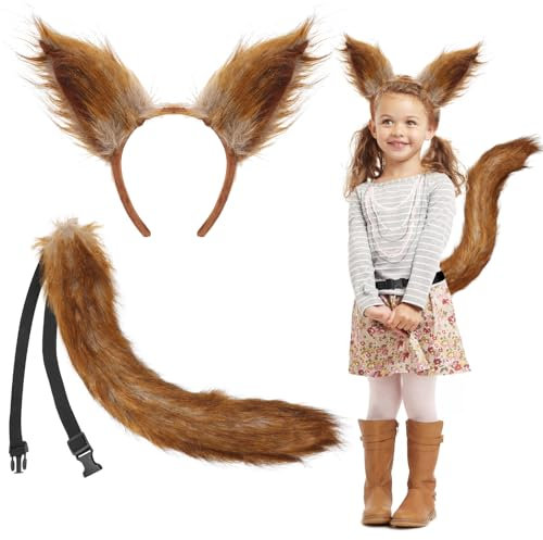 XEPST Tier Eichhörnchen Kostüm Set, Eichhörnchen Ohren und Schwanz Set mit Eichhörnchen Ohren Stirnband Eichhörnchen Schwanz für Tierkostüm Cosplay Geburtstag Karneval Halloween Kostüm Partyzubehör