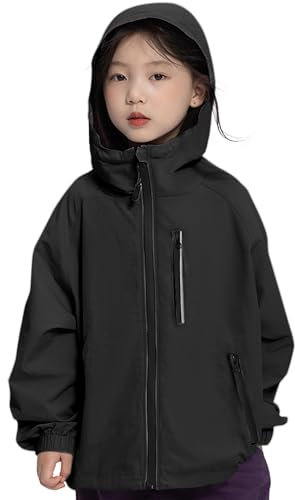Rolanko Veste Imperméable à Capuche pour Filles, Manteau de Pluie Léger Coupe-vent Vêtements de Pluie pour Garçons de 7 à 14 Ans, Noir, Taille : 170/13-14 ans