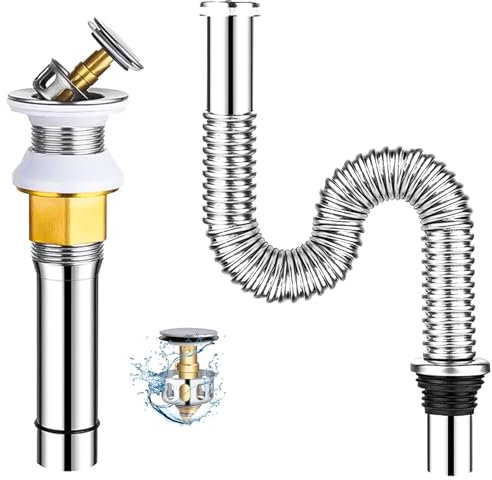 JIjzedL Waschbecken Ablaufgarnitur Kit, Edelstahl, Siphon mit 800mm einziehbarem Abflussrohr und Pop-Up-Abflussstopfen, Insekten- und Geruchsresistent (1)