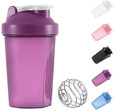 Protein Shaker Flasche 400ml mit Edelstahl-Rührkugel, auslaufsicherer Klappdeckel, BPA- und DEHP-frei, geruchlos, spülmaschinenfest, temperatursicher (Lila)