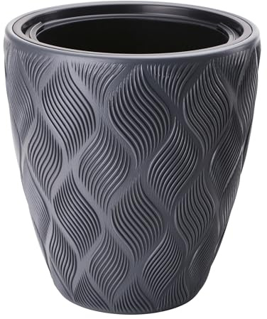 B2C Round Tall Plant Pot Elegant Large Flower Indoor Outdoor Garden Planters Flow High 5 Colours Wave Plastic Textured With insert (Anthracite, H42cm x D38.5cm)