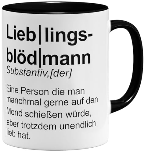 OM3® witzige Kaffee-Tasse mit Spruch - du bist mein Lieblings-Blödmann Definition - Geschenk für Männer - Freund II - Keramik Becher - 325ml - Beidseitig Bedruckt - Schwarz