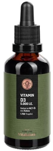 Vitabaum® Vitamina D3 5000 UI gotas – Alta dosis – 1700 gotas – 50 ml – Disuelto en aceite MCT para una absorción óptima – Calidad premium y práctica dosificación
