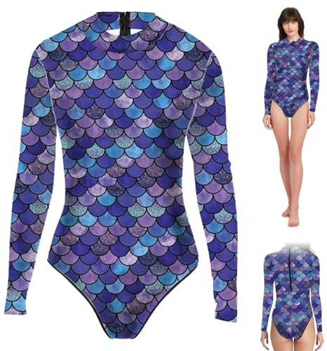 TELAOBAN Meerjungfrau Kostüm Damen, Meerjungfrauen Body, Langarm Schwimmanzug, Damen Meerjungfrau Badeanzug, Fischschuppen Sexy Einteiler Badeanzüge, Schwimmanzug Meerjungfrauen, für Schwimmen Surfen