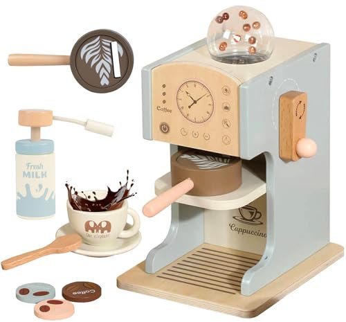 YOOHBERRYS Kaffeemaschine Kinder Holz, 9 Stück Kinderküche Kaffeemaschine, Espressomaschine Holzspielzeug mit Mühle, Spielküche Zubehör kaffeeservice Rollenspiele Geschenk für Kinder ab 3 Jahre