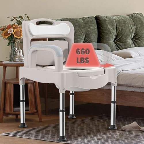 Portable Bedside Commode with Five Adjustable Heights,Commode Chair for Toilet with Padded Seat,Durable Commode Toilet Bearing 660Lbs,Lightweight Potty Chair for Adults,Elderly,Handicap