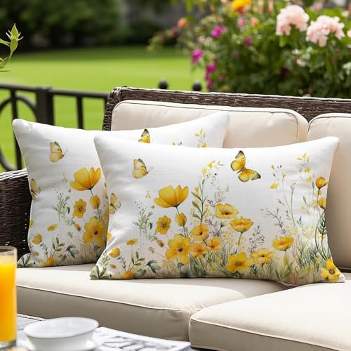 Vorysum 2er Set Outdoor Kissenbezug 30x50 cm Gelb Blumen Dekokissen Wetterfest Kissen Sommer Modern Kissenbezüge für Garten Sofa Couch Wohnzimmer Schlafzimmer Doppelseitiges Muster