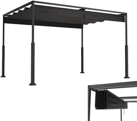 LZQ Pérgola Cenador de 3 x 4 m con marco de acero estable y techo corredizo ajustable, techo de poliéster revestido de PA, protección solar resistente a la intemperie para jardín y terraza (negro)