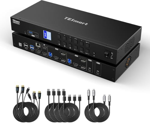 TESmart USB 3.0 HDMI+DP+USB C KVM Switch 3 Monitors 4 Computers 4K@60Hz | 4 Port Triple Monitor KVM Switch MST, 60W PD for Laptop, 1G Ethernet, EDID Emulators, Hotkey Switch, Rack-Ears