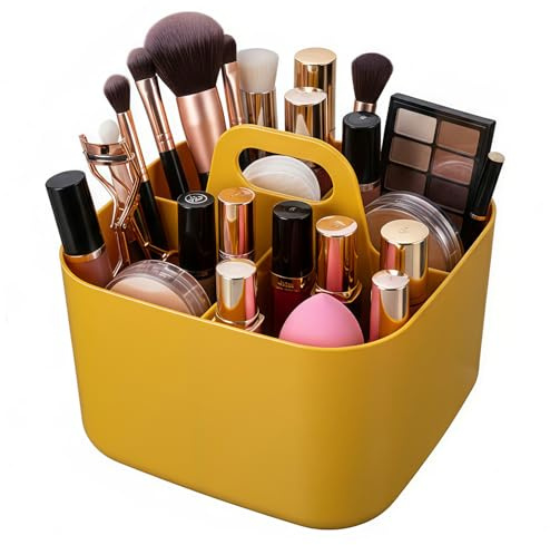 OFFASST Stapelbarer Aufbewahrungskorb mit Griff - Organizer für Putzmittel mit 4 Fächern, Küche, Bad, Schminktisch & Bastelzubehör, Ablagefächer für Makeup, Nähutensilien (Gelb 16.5x16.5x15.5 cm)
