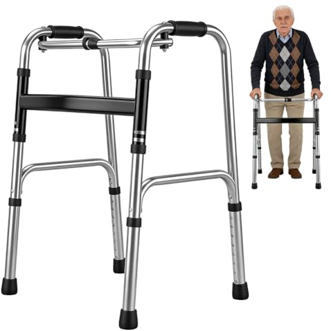 Gehhilfe, Gehbock,Leichtgewicht Gehgestell mit Scharnieren,Faltbarer Rollator Ohne Rollen,Höhenverstellbar, Für senioren, Aus aluminium, Rutschfest, Ergonomische griffe(Silber, 4 Gummifüße)