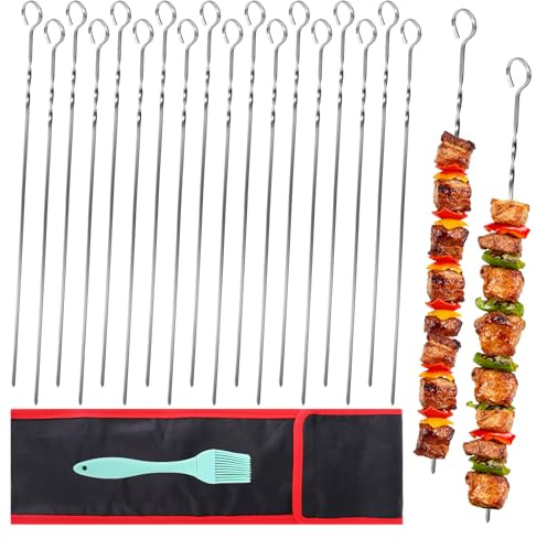20 Pack 40cm Metal BBQ Skewers | Stainless Steel Kebab Skewers for Grilling with Portable Storage Bag