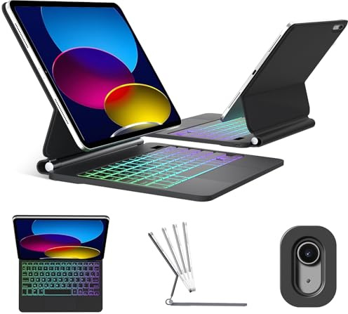 FOGARI Clavier pour iPad A16 11'' 2025/iPad 10 ème Génération (2022) | AZERTY Français Silencieux avec Pavé Tactile, Fixation Magnétique, Rétroéclairage 7 Couleurs, Coque Clavier Ultra-Fine, Noir