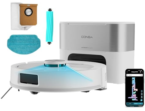 Cecotec Robot Aspirador con IA y Base Autovaciado de 3L Conga Y90 Pearl | 25000Pa, Navegación Láser, Autonomía 240mins en Modo Eco, Cepillo Silicona, Ideal Casas Mascotas, Bluetooth y WiFi