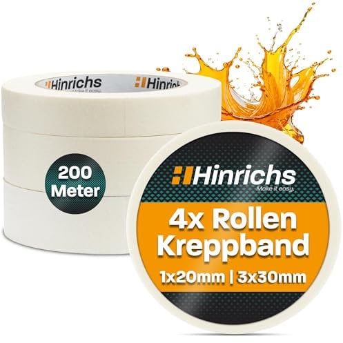 Hinrichs Kreppband 4x - Abklebeband 3 Rollen 50m x 30mm + 1 Rolle 50m x 20mm - Maler Klebeband zum Streichen und Lackieren - Abdeckband für Malerarbeiten - Malerkrepp für Renovierung & Auto