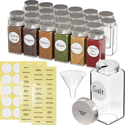 Simple Houseware Spice Jars 4 Ounce Square Bottles w/labels | 4 Ounce, with Shaker Lids, Funnel and Labels for Seasoning & Storage