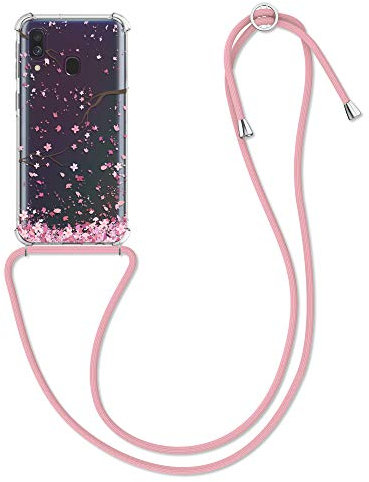 kwmobile Necklace Case kompatibel mit Samsung Galaxy A40 Hülle - Silikon Cover mit Handykette - Rosa Dunkelbraun Transparent Kirschblütenblätter