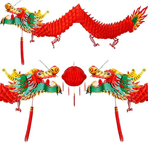2Peces Papier 3D pour le Nouvel An chinois Dragon Garland avec les décorations Red Paper Lanterns pour le Nouvel An chinois et la fête de mariage
