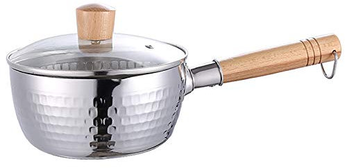 Nostick Yukihira Saucepan with Wooden Handle and Glass Lid, Traditional Japanese Yukihira Pot Stainless Steel Saucepan Milk Sauce Pan(Silver),16cm/6.3in