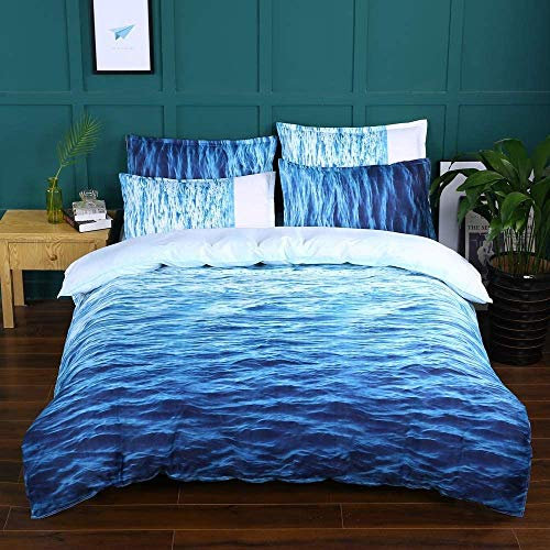 Luofanfei Blaue Bettwäsche 135x200 4teilig Microfaser Meer 3D Wendebettwäsche Ozeanwelle Gedruckt mit Reissverschluss Blau Weiß Bettbezug Paare Set
