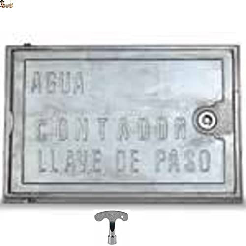 BricoLoco Tapa caja contador agua exterior o interior con puerta. Registro con cerradura y llave. Fabricado en aluminio. Con inscripción. Cubre contador. (Medida 22x35 centímetros.)