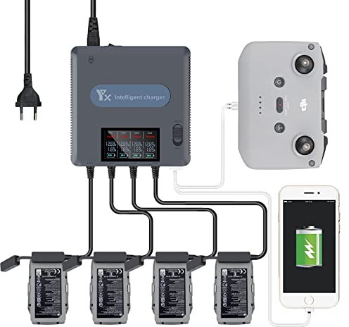 LYONGTECH LCD Display Akku Ladegerät für DJI Air 2S,Mavic Air 2 Drohne, lädt 4 Batterie und 2 USB-Anschlüsse Gleichzeitig, 6 in 1 Parallel Akkuladestation Hub Zubehör