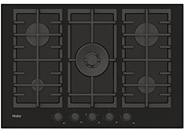 Haier Series 2 HAVG75S2B- Placa de Gas, 5 Fuegos, Ancho 75cm, Potencia total 12,9kW, Mandos centrales, 9 niveles de potencia, Rejillas de hierro fundido, Preci Flame, Cristal Negro