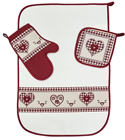 Strofinaccio, Presina, Guanto - Stile Tirolese - Launen Tirol –Strofinaccio, assorbente, tessuto a nido d’ape - Presina Quadrata - Guanto per forno, resistente calore, Rustico, Regalo (Set 3 pezzi)