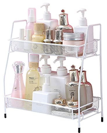 Axroad Mall 2-Tier Kitchen Spice Rack Organizer, Stepped Metal Kitchen Storage Basket Can Removable Storage Organizer Holder for Spice Jar, Can, Bottle, Cosmetic Storage Rack (36 * 14 * 33 cm, White)