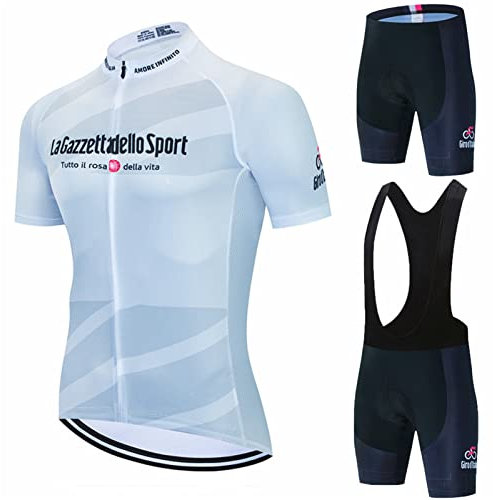 Abbigliamento Ciclismo da Uomo,Maglia Manica Corta+Pantaloncini+ Salopette Ciclismo Con Cuscinetto in gel 20D,Abbigliamento da Ciclismo Traspirante Elastico Set (Bianco,XXL)