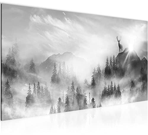 Runa Art Wandbild Wald Hirsch 1 Teilig 100 x 40 cm Modern Bild auf Vlies Leinwand Natur Berge Wohnzimmer Schlafzimmer Schwarz Weiss 042812c