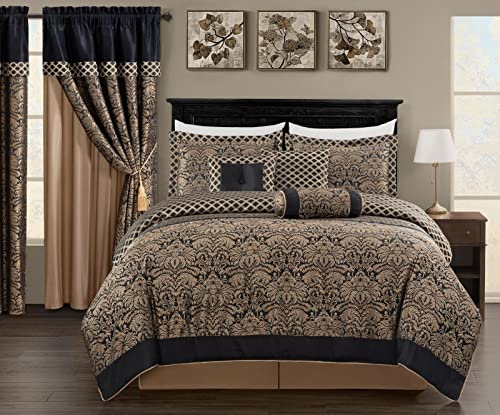 Chezmoi Collection California King Bettwäsche-Set, 7-teilig, Schwarz/Gold, Diamant-Blumen-Medaillon, Jacquard-Gewebe