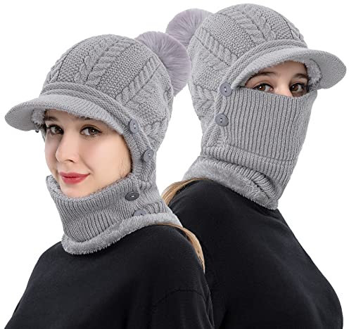 TAGVO Wintermütze Damen Schal Set, Winter warme Mütze Schal Set für Damen und Herren, Winter Warm Strickmütze&Halswärmer-Sets, Flexible Strickmütze mit Haarball für Frauen für Outdoor-Sportarten
