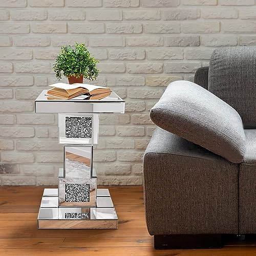 GA Home Silberner verspiegelter Beistelltisch mit Kristalleinlage, moderner Beistelltisch, Akzenttisch, quadratischer kleiner Couchtisch für Wohnzimmer, Schlafzimmer