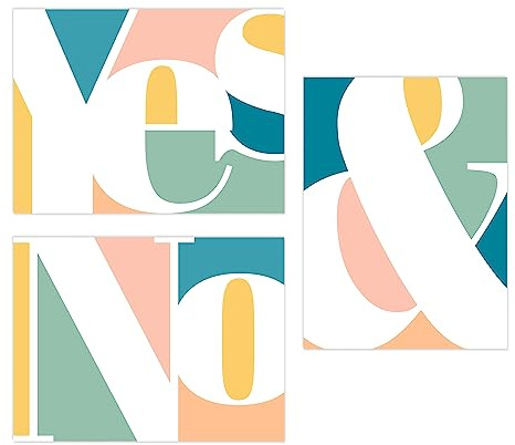 Wee Blue Coo Pack of 3 Symbol Typography Words Yes And No Pastel Colour Unframed Wall Art Living Room Prints Set