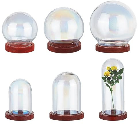 nbeads 6 Stile Mini-Glaskuppel Cloche, Klarglas-Vitrine mit Rundem Holzsockel Einstellung Bell Jar Terrarium für Valentinstag Schmuck Ornamente Blumendekorationen Craft
