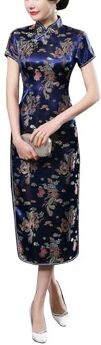 Costume moulant vintage à manches courtes imprimé Cheongsam avec fente haute sur le côté traditionnel chinois Nouvel An, Dragon Navy, Taille M
