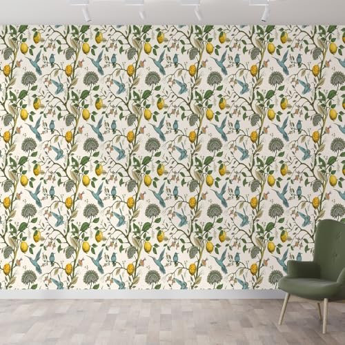 Fchen art Lemon Tree Floral Bird Print Wall Stickers,Vinyl Sticky Wallpaper Peel and Stick Vintage Rustic Wall Decals Botanical Blue/Yellow/Green Stickers for Bedroom Living Room