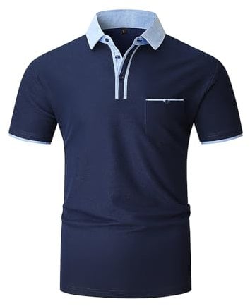 VHUQGVU Herren Poloshirt Baumwolle Kurzarm Knopfleiste mit Farbblockierung Polohemd Regular Slim Fit Modelle Golf Sport T-Shirt,Blau Y41,XXL