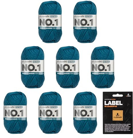 myboshi No.1 Wolle zum Häkeln und Stricken, Schnellstrickgarn, langlebige Mützenwolle, Strickwolle, Häkelwolle, mulesing-frei, Ll. 55m /50g, 30% Wolle (Merinowolle) Blau (Petrol) 8 Knäuel