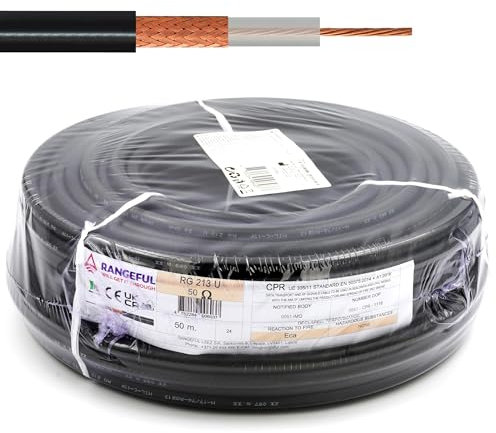 RANGEFUL RG213 50m Câble coaxial — antenne extension RF 50 Ohm à Faible Perte — RG213U compatible avec SMA BNC TNC PL259 Type N — pour WiFi Routeur 4G 5G CB Radio VHF UHF — Fabriqué en Italie