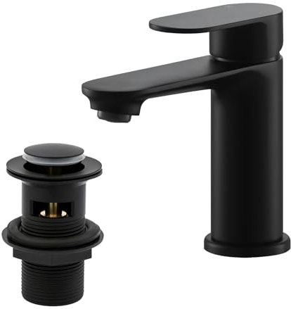 Bathroom Sink Taps with Drain, BATHWEST Basin Taps with Pop Up Waste, Modern Monobloc Single Lever Brass Bathroom Taps Mixer with Sink Plug 072BK (Black)