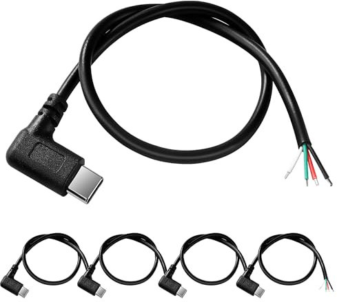 KUOQIY 5 PCS 30cm 22AWG Right Angle USB Type C Male Plug Pigtail Power Cable, 5V 3A USB C to 4 Pin Bare Wire Open End Wire, USB Type C Pigtail Cable Extension Power Cable, for DIY LED Strips