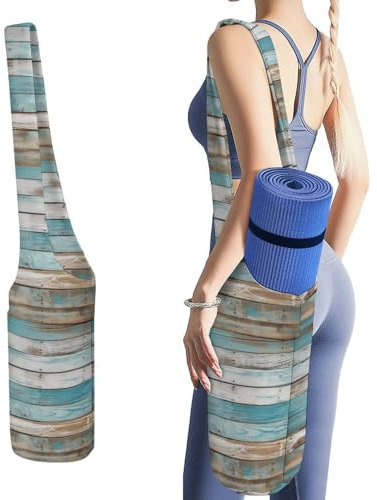 YJWANDL Yogamatten-Organizer, Vintage-Strandholz, altblau, Holzplanken-Druck, Yogamatte, Tasche, Turnmatte, Tasche, Leinen-Aufbewahrungstasche, strapazierfähige Yoga-Tragetasche