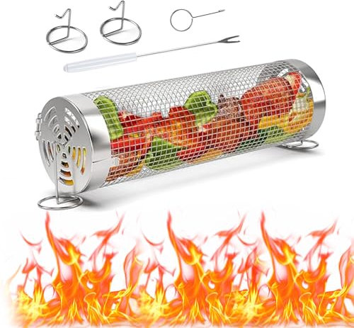 Jilskl Cesta Barbacoa, Parrilla para Barbacoa Cilíndrica, Cesta de Asar Rodante, con Horquilla, Soporte y Gancho, Parrilla Rodante para Patatas Fritas, Pescado, Gambas, Verduras y Carne(9 x 30cm)